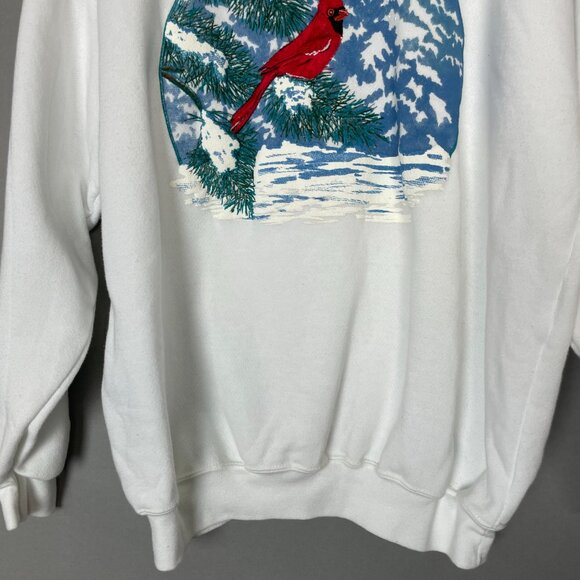 Vintage 90s Christmas Sweatshirt Cardinal Bird Winter White‎ Size XL Holiday Top - Picture 5 of 13